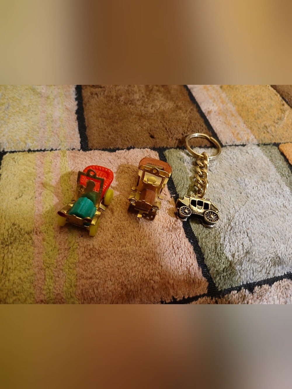 Gold Vintage Toy Car Keychain and Mini Cars - Gold, Red, Teal